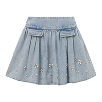 self-portrait 2024 early autumn new light denim blue rhinestone decorated high waist pleated skirt skirt