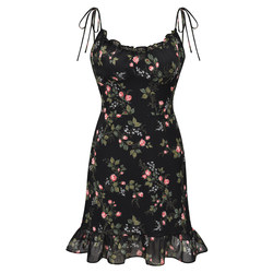 Go Girl Go retro European and American shoulder strap floral suspender dress ruffled a-line skirt