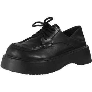 喵唔的天空2025年春大圆头松糕底单鞋真皮系带黑色学院风小皮鞋