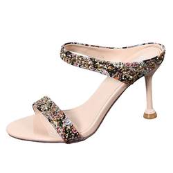 ເກີບແຕະ Feminine Rhinestone One and a Half Slippers 2024 Summer New Fashion Versatile Open Toe Stiletto High Heel Sandals