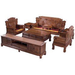 Mahogany furniture, chicken wing wood, wealth rolling sofa, Chinese style solid wood sofa, living room combination, villa classical sofa