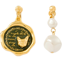 (Self-operated) OSEWAYA cat pearl pierced ear clip retro niche asymmetric earrings Chinese Valentines Day gift