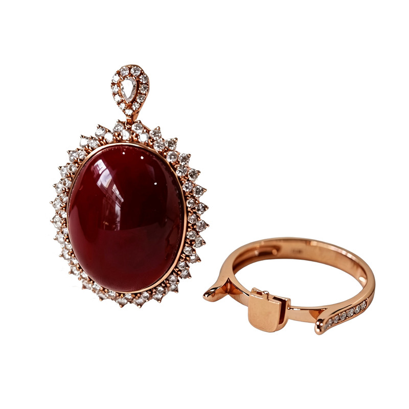 Ruyishan 18K gold red coral pendant ring dual use