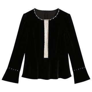 YINER音儿专选女装秋季圆领钉钻长袖衬衫收腰弹力上衣