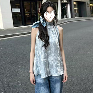 【纪菲施洛】香港正品明星徐绿杨同款灰蓝色晕染挂脖吊带背心女
