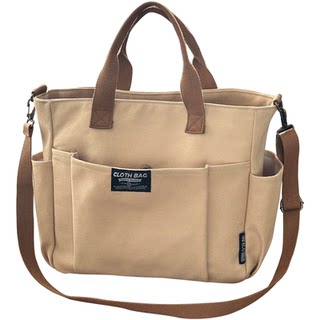 原创加厚多口袋日系托特帆布包休闲学生电脑简约手提单肩斜挎书包