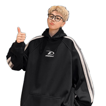 American heavyweight hooded sweatshirt for men 2024 spring and autumn new loose striped high street trendy sports and leisure jacket