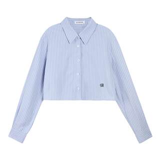pusumede 时髦玩家 蓝色条纹衬衫女刺绣叠穿衬衣休闲短款气质上衣
