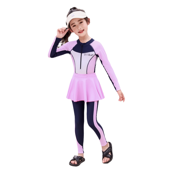 
Children's swimsuit girls one-piece long sleeve trousers sun protection swimsuit new medium and large children's surfing swimming suit