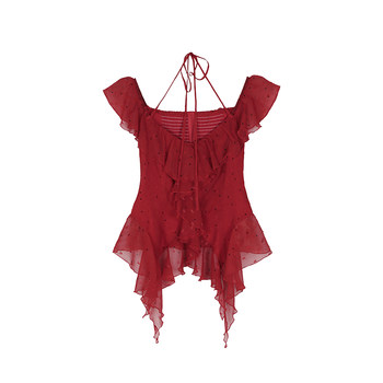 Annie buhuo ເສື້ອຍືດແຂນເສັ້ນດຽວ ruffled chiffon ເທິງແມ່ຍິງ 2025 summer ໃຫມ່ໄຂມັນເລັກນ້ອຍ chiffon polka dot ຂະຫນາດໃຫຍ່