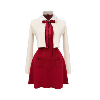 Lazy didi peninsula sunset satin lapel woolen skirt knitted lace-up jacket a-line sleeveless slim fit