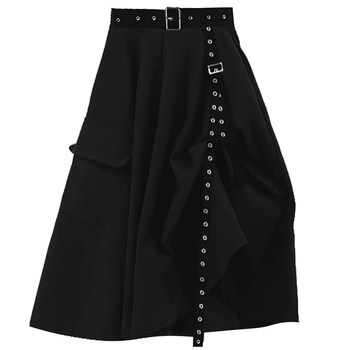 Xiaoyujia dark style street punk temperament metal belt irregular slit design mid-length skirt drape umbrella skirt