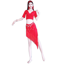 New belly dance red strappy top irregular tassel skirt suit childrens practice clothes practice clothes performance clothes