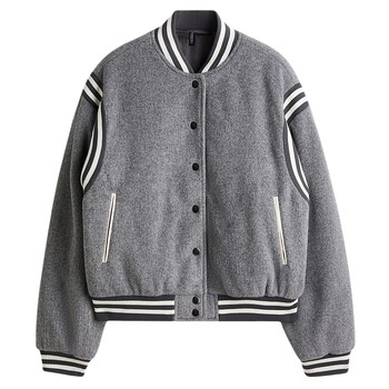 Hm women's cotton jacket 2025 autumn soft fleece stand collar college style baseball padded long sleeve jacket 1303195 Hm women's cotton jacket 2025 autumn soft fleece stand collar college style baseball padded long sleeve jacket 1303195