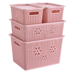 Imitation Rattan Hollow Storage Box Plastic Organizer Box Desktop Storage Basket Toy Miscellaneous Items Storage Box with Lid Small Basket