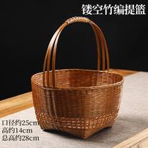 High-end * woven imitation bamboo handmade basket household round storage basket lacquered picnic basket bamboo basket retro hollow