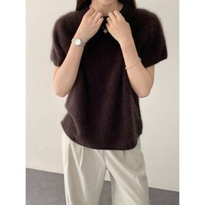 26秋冬拉绒95绵羊毛5山羊毛5针织衫短袖桑蚕丝卷边领韩系气质毛衣