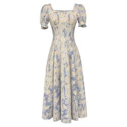 Deng Liuliu French Square Collar Blue Oil Painting Floral Dress Women's Summer Waist Slimming Internet Celebrity popular First Love Long Dress