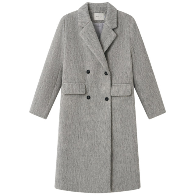 Halo Luu高级感羊毛灰色大衣女秋冬夹棉加厚呢子长款韩系毛呢外套