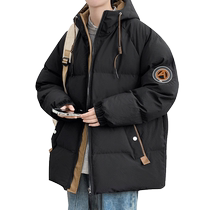 Hooded down cotton jacket mens winter trendy brand plus velvet thickening loose warm cotton jacket casual Jinjiang cotton coat jacket