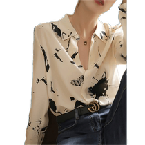 Design niche ink printed acetate silk shirt feminine versatile loose and drapey long-sleeved satin shirt