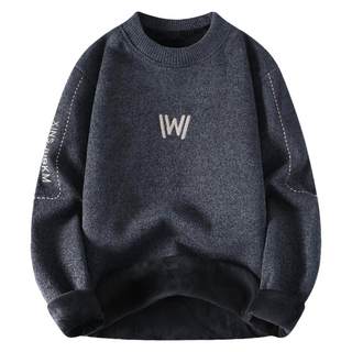 假两件毛衣男秋冬季翻领内搭针织打底衫条纹加绒加厚潮流保暖上衣