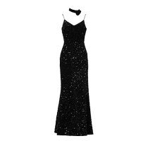 DPLAY (Black Label) 2024 Winter French Black Suspender Rose Sequin Dress Long Dress for Women
