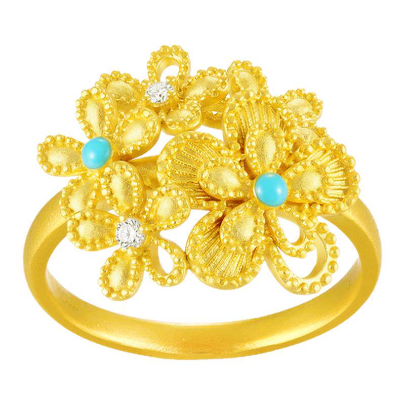 New jewelry pure gold filigree flower ring enamel moissanite inlaid gold women's ring