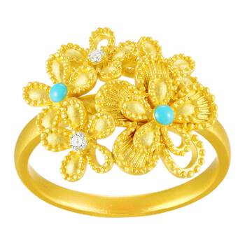 New jewelry pure gold filigree flower ring enamel moissanite inlaid gold women's ring