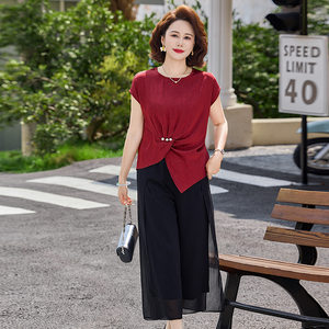 妈妈夏装婚宴礼服减龄洋气短袖上衣薄款T恤大码百搭小衫两件套装