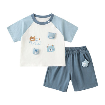 Kaka panda baby cartoon short sleeve suit summer children's summer children's cotton children's clothes boys girls clothes trendy