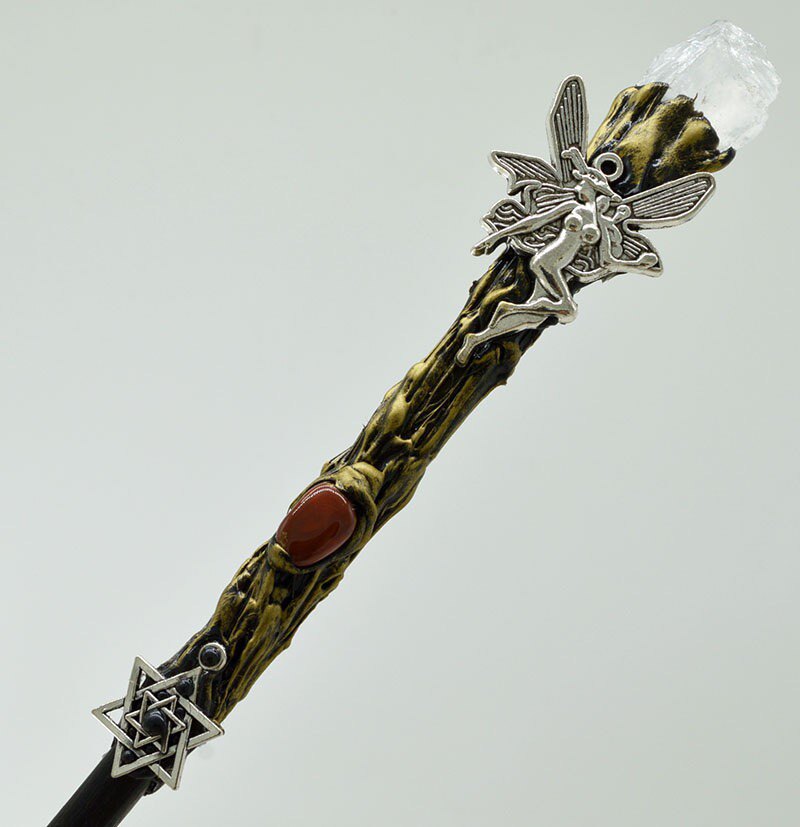 32cm Natural Crystal Fairy Wand with Pebbles, Double-Headed Magic Vintage Wiccan Accessories, Magic Wand Scepter