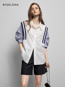 贝茜妮法式撞色短袖条纹衬衫女夏季时尚气质拼接衬衣上衣