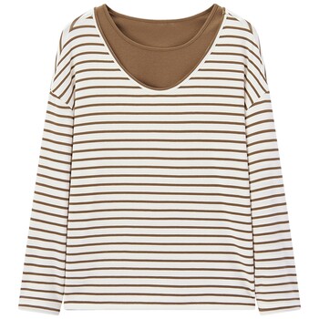 Aijutu lyocell striped sweater ເສື້ອທີເຊີດແຂນຍາວສໍາລັບແມ່ຍິງ 2025 ດູໃບໄມ້ລົ່ນໃຫມ່ neckline ຂະຫນາດໃຫຍ່ວ່າງສອງສິ້ນຊຸດ