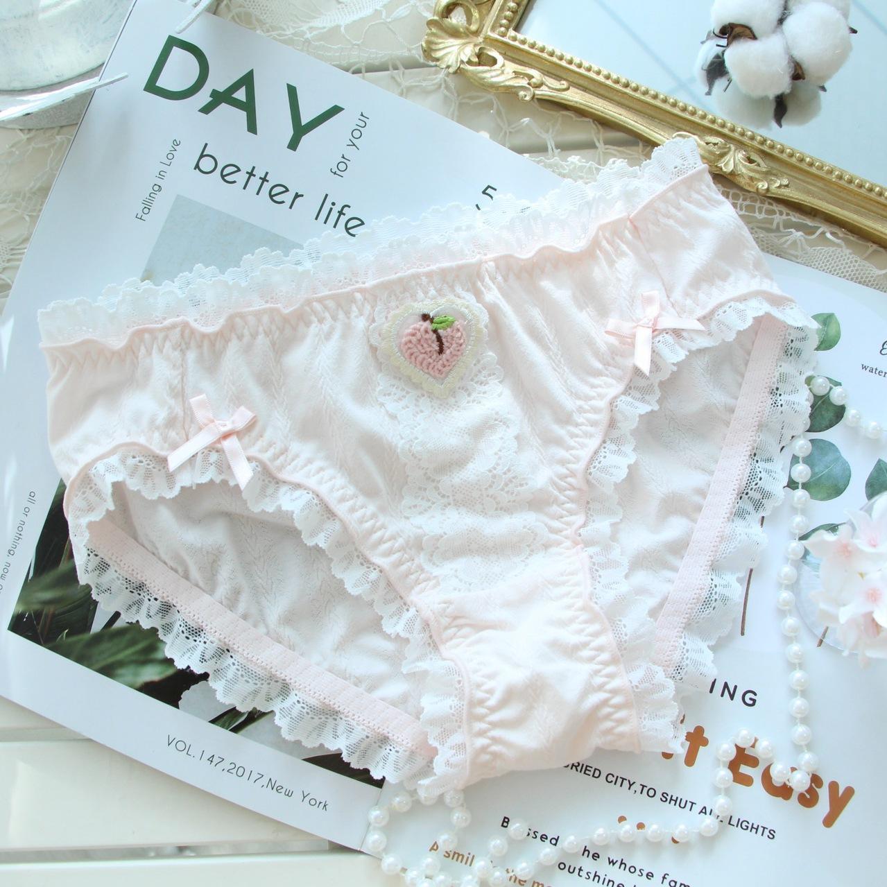 Lolita Japanese style spandex cotton briefs, cute strawberry and peach embroidered lace plus size women's underwear