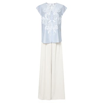 2026 ຮູບແບບລະດູຮ້ອນໃຫມ່ temperament round neck contrasting color lace appliqué tencel top + high waist wide leg suit culottes