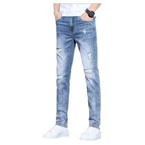 Spring new light blue jeans Mens pants Broken Pants elastic Thunderpants Straight Pants Trendy Fashion Pants Men Pants