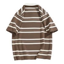 Pull back short-sleeved mens 2024 summer new style mens casual heavyweight loose striped polo shirt tops mens trend
