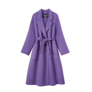 Purple double-sided cashmere coat women's off-season mid-length over-the-knee high-end age-reducing slim-fit hepburn style woolen coat