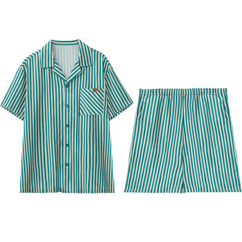 ສີແດງຖົ່ວແດງຂອງຜູ້ຊາຍ pajamas ບາງພາກຮຽນ spring ແລະ summer ກ້ອນຜ້າໄຫມເຢັນສັ້ນແຂນສັ້ນຕ້ານ static striped ເຮືອນຊຸດເຄື່ອງນຸ່ງຫົ່ມສໍາລັບຜູ້ຊາຍ