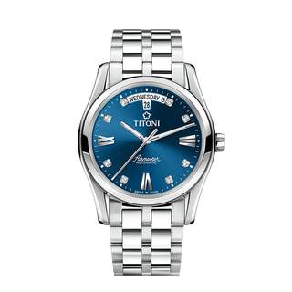 Titoni瑞士梅花手表男士腕表空霸系列蓝色双日历机械表官方旗舰店