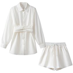 Mark Huafei Women's Thin Suit Summer New Ice Silk Drape Waist Shirt Shorts Two-piece Set