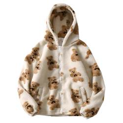 Bear printed cotton coat men's winter loose hooded sherpa style Hong Kong ins trendy brand couple oversize jacket