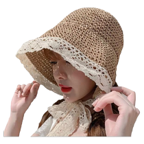 网红草帽女夏蕾丝系带沙滩帽小清新海边出游度假防晒遮阳帽子绑带