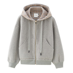 UGIZ ສູນການຄ້າແບບດຽວກັນ 2022 ລະດູຫນາວແບບເກົາຫຼີຂອງແມ່ຍິງ plaid ສັ້ນ woolen hooded jacket ແມ່ຍິງ UDHF518