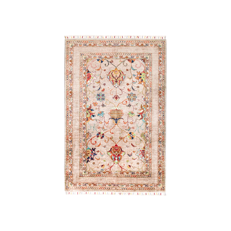 Afghan handmade wool light beige fringed bedside blanket