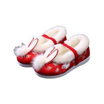 Girls Costume Performance Embroidered Shoes 2021 Autumn and Winter New Plush Fashion Cloth Shoes Childrens Hanfu Cotton Shoes