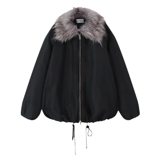 出逃赤岗西原创黑色微光感派克服女冬混色棉衣仿貉毛加厚棉服外套