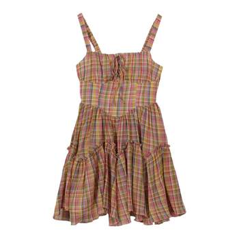 Mang-year-old French retro suspender dress style rainbow plaid high-waisted skirt summer summer