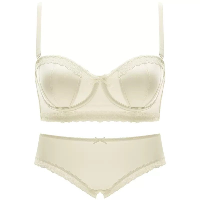 Small exquisite light luxury sexy satin underwear girl soft steel ring half cup small breast gathered thin cup bra set